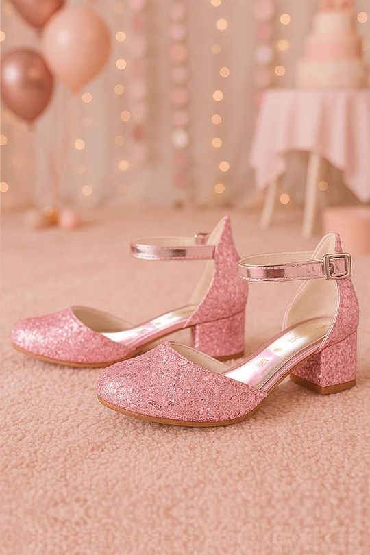 Merida Bright Pink Thick Heeled Stoned Girls' Heeled Shoes