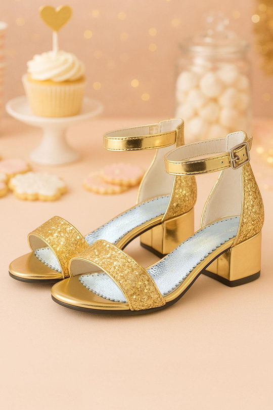 Gold Sparkle Girls Thick Heels Evening Party Shoes