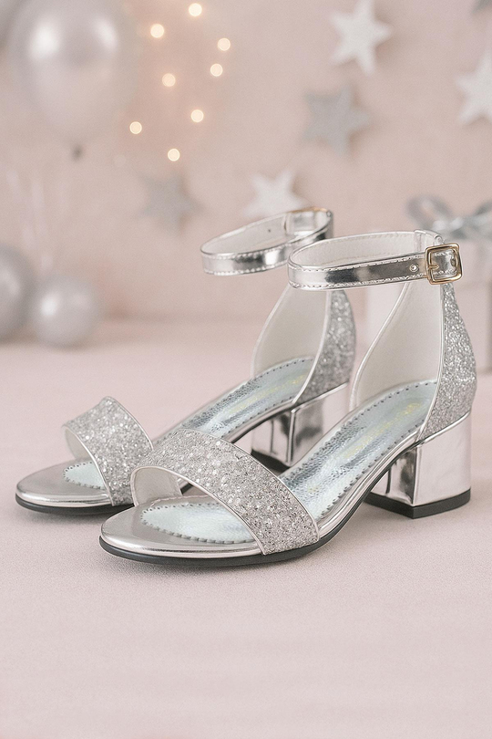 Silver Glitter Band Single Girls Thick Heels Evening Shoes