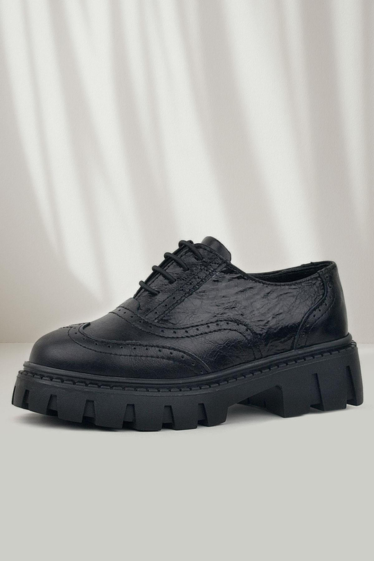 Rakerplus Genuine Leather Black Rougan Laced Up Girls' Oxford School Shoes
