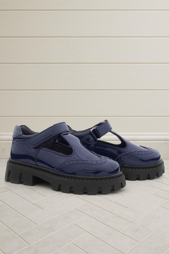 Rakerplus Navy Blue Patent Leather Velcro Girls School Shoes