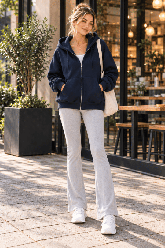 Üç İplik Oversize Kapüşonlu Fermuarlı Sweatshirt Lacivert