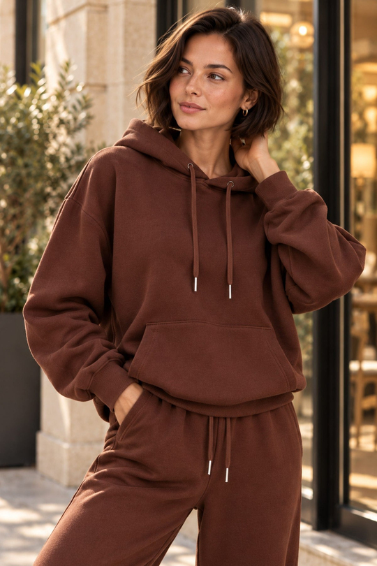 Oversize Kapüşonlu Kalın İçi Şardonlu Kadın Sweatshirt Kahve