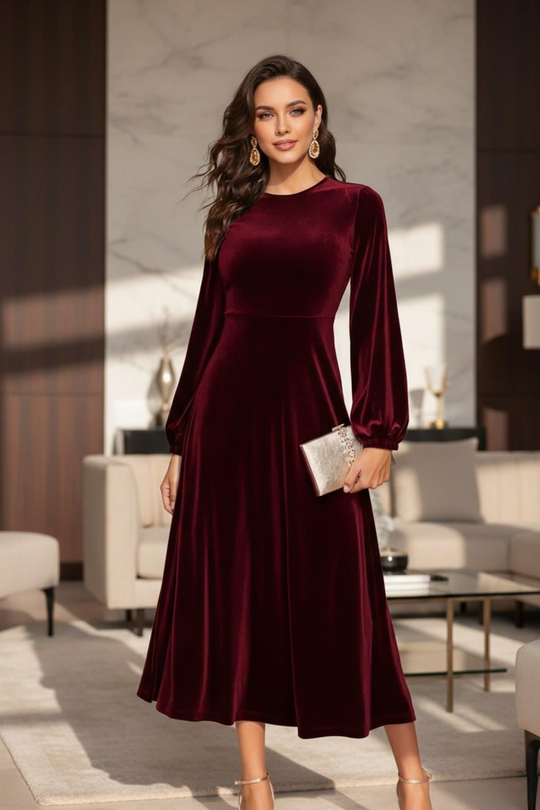Bordo Midi Kadife Elbise