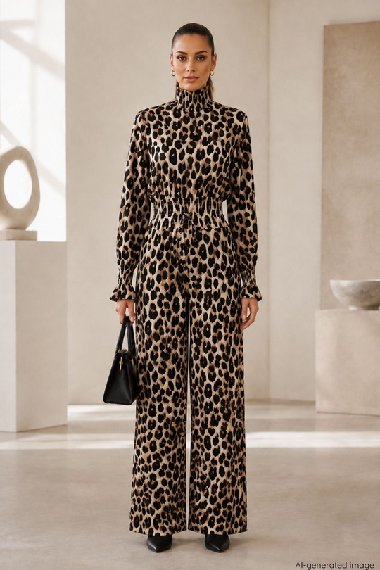Balıkçı Yaka Desenli Tulum - Leopar
