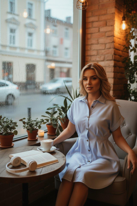 Trikoton Düğme Detaylı Mini Gömlek Elbise - Mavi