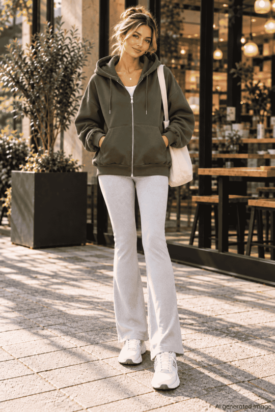 Üç İplik Oversize Kapüşonlu Fermuarlı Sweatshirt Haki