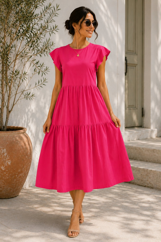 Pembe Midi Elbise Pamuklu Penye