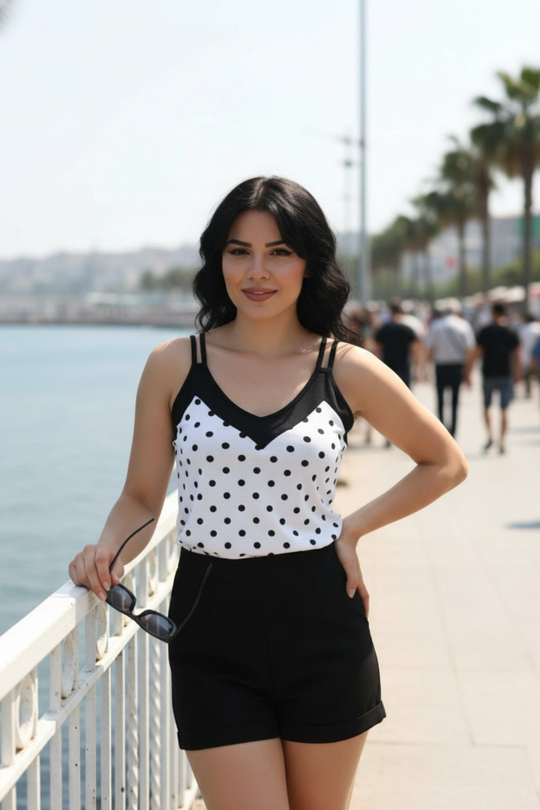 V Yaka Askılı Puantiye Desenli Sandy Bluz - Beyaz