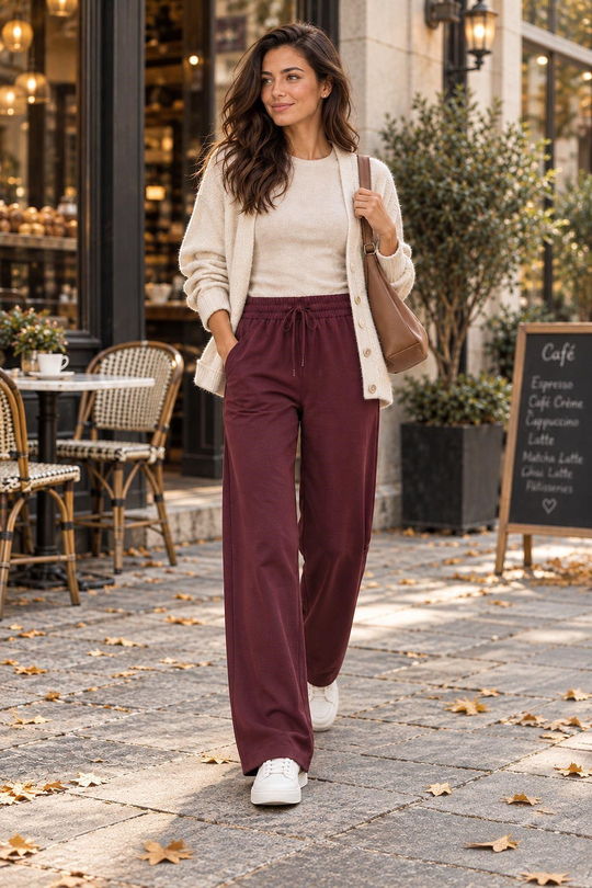 Modal Kumaş Beli Lastikli Bağcıklı Düz Kesim Pantolon Bordo