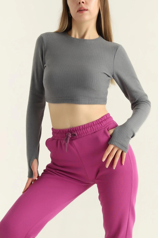 Bisiklet Yaka Parmak Geçmeli Crop Bluz Antrasit