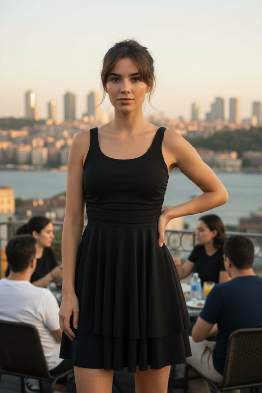 Askılı Volanlı Mini Sandy Elbise - Siyah