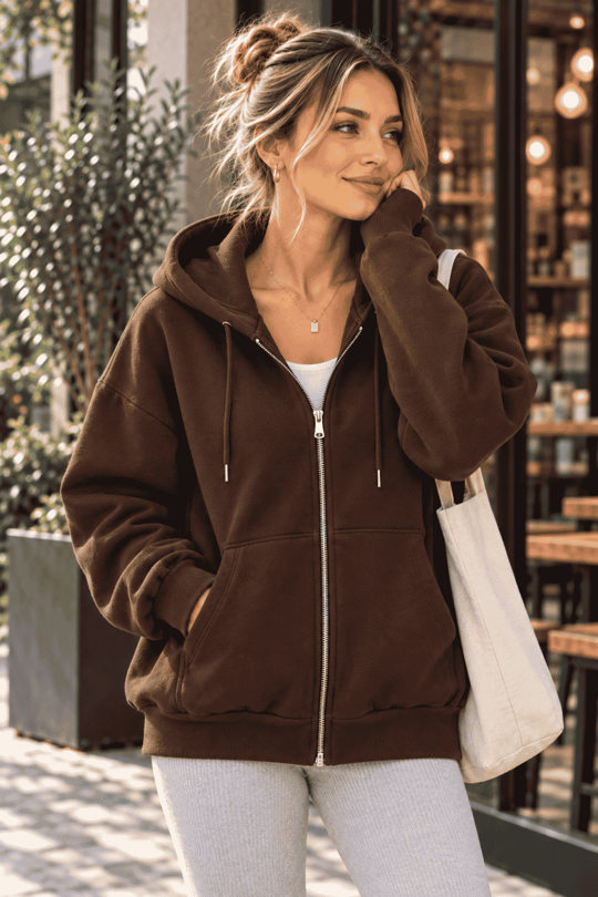 Üç İplik Oversize Kapüşonlu Fermuarlı Sweatshirt Kahve