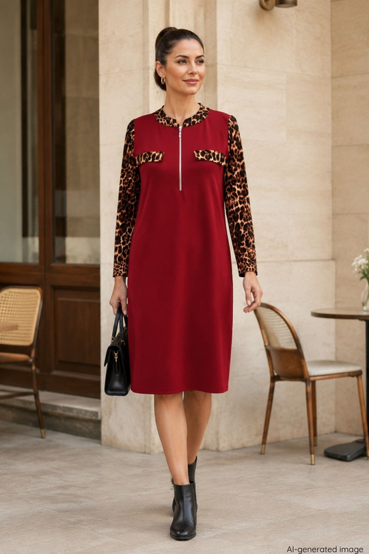 Leopar Detaylı Fermuarlı Midi Krep Elbise - Kırmızı