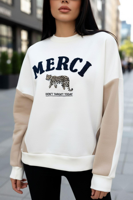 Kaplan Nakışlı Şardonlu Sweat Beyaz