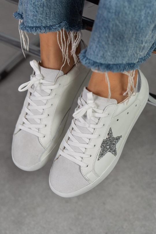 STAR BEYAZ - GÜMÜŞ SNEAKER BEYAZ DERİ