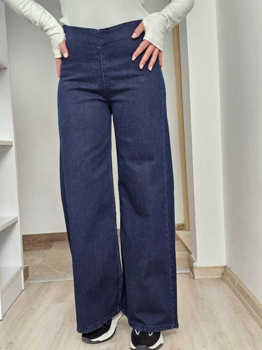 FELİX14229 Bel Lastikli Arka Cepli Palazzo Koyu Lacivert Jean Pantolon