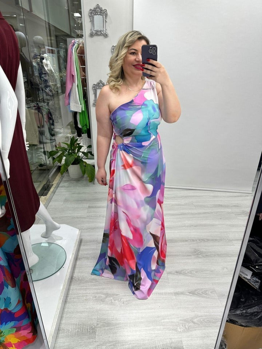 Akdeniz Mor Desenli Tek Omuz Bel Pencere Detaylı Elbise mc 5956