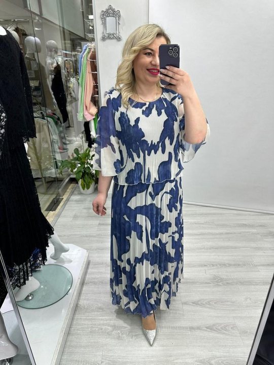 Mavi Krem Batik Desenli Premium Piliseli 2 Katlı Yarım Kollu Şifon Elbise stp 26y2740