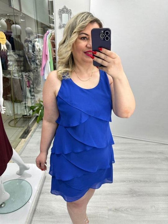 Premium Saks Mavi Çapraz Kat Şifon Elbise mc 5073