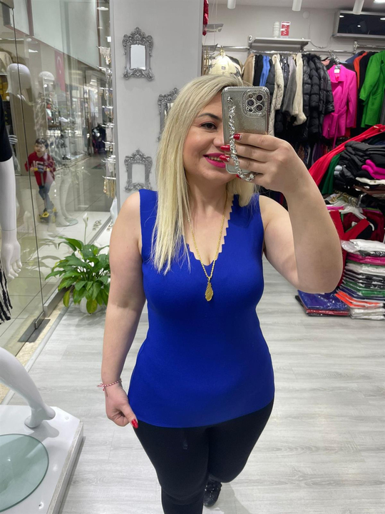 Saks Mavi Merdiven Yaka Kolsuz Triko Geniş Kalıp