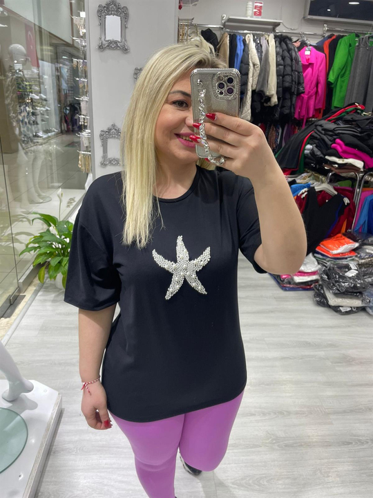 Siyah Deniz Yıldızlı İncili Tişört 
