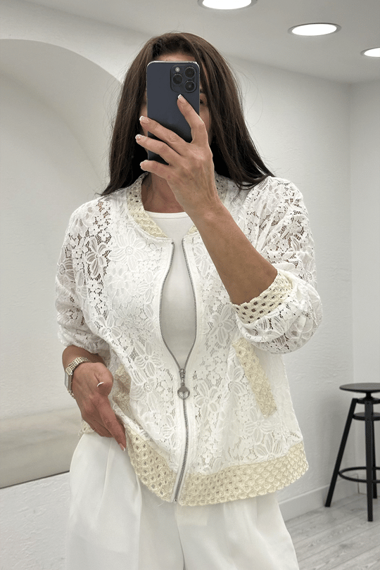 Beyaz Fermuarlı Dantelli Ceket 60550