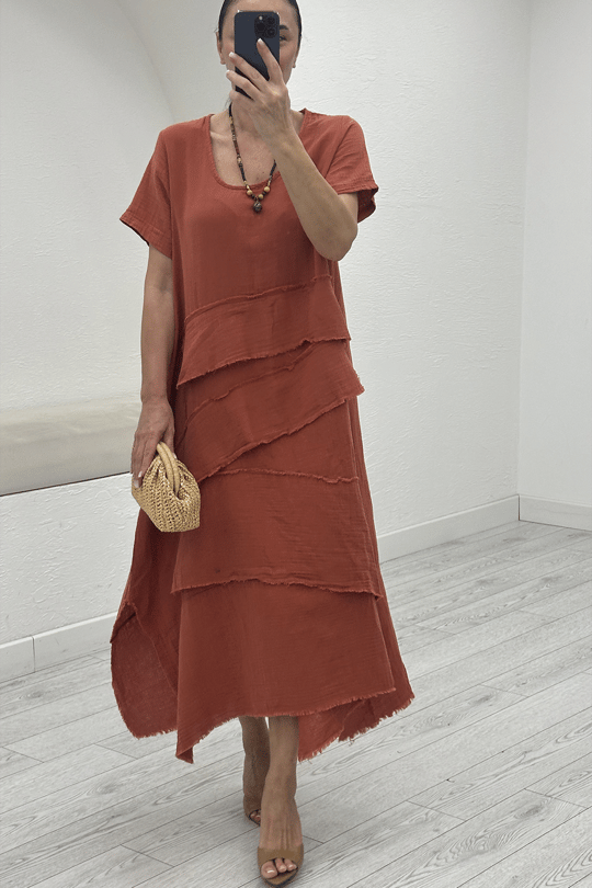 Kiremit Oversize Müslin Elbise 3866