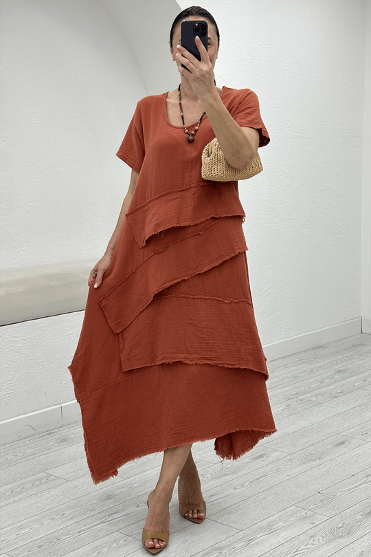 Kiremit Oversize Müslin Elbise 3866