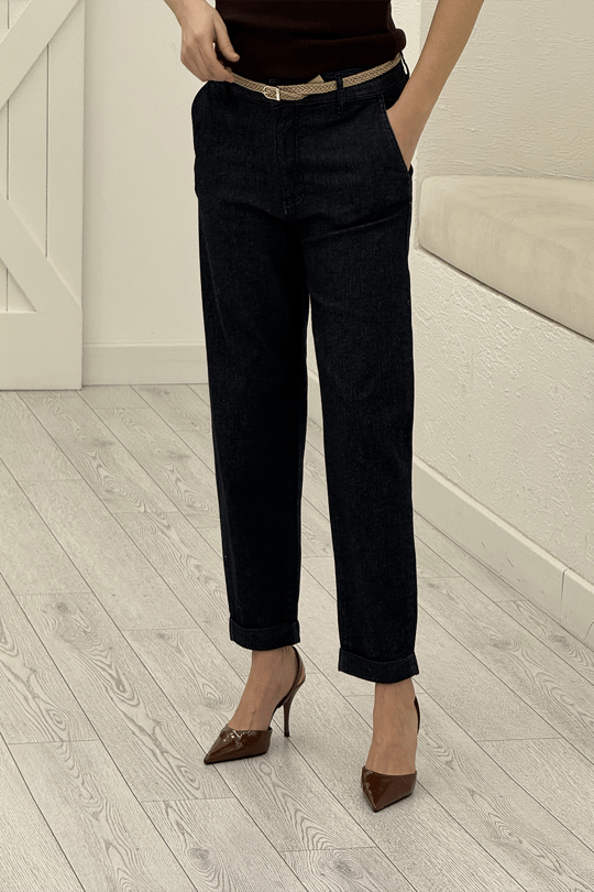 Lacivert Duble Paça Kemerli Jean 01109