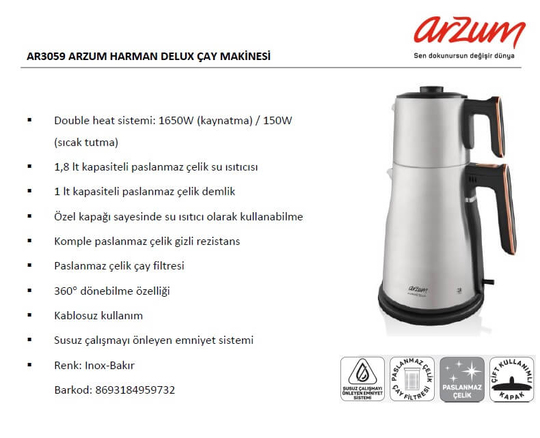 Arzum AR3059 Harman Delux Bakır Çay Makinesi | Enplus