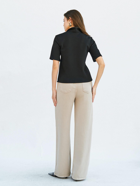 071824 Vatkalı Polo Yaka Bluz Siyah