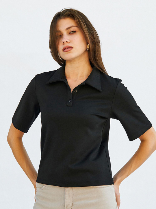 071824 Vatkalı Polo Yaka Bluz Siyah