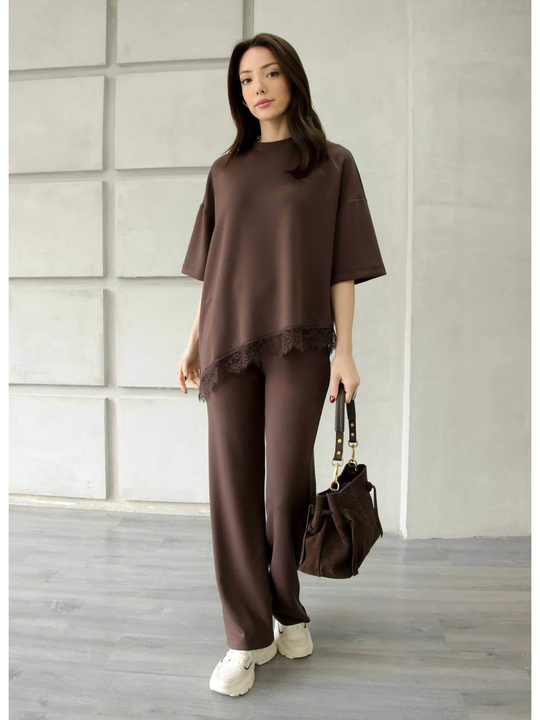 Eteği Dantelli Tişörtlü Takım 2335 Kahve