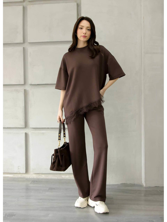 Eteği Dantelli Tişörtlü Takım 2335 Kahve