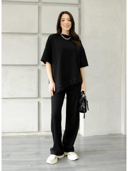 Eteği Dantelli Tişörtlü Takım 2335 Siyah