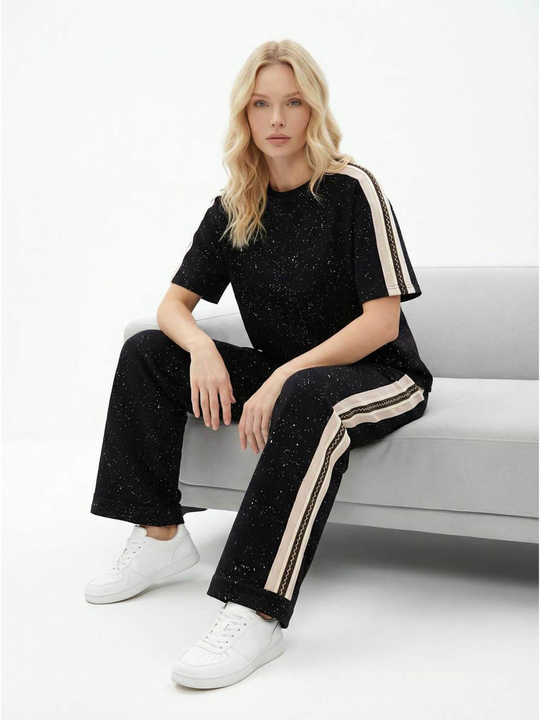 Ribana Şeritli Taşlı Takım 7492 Siyah