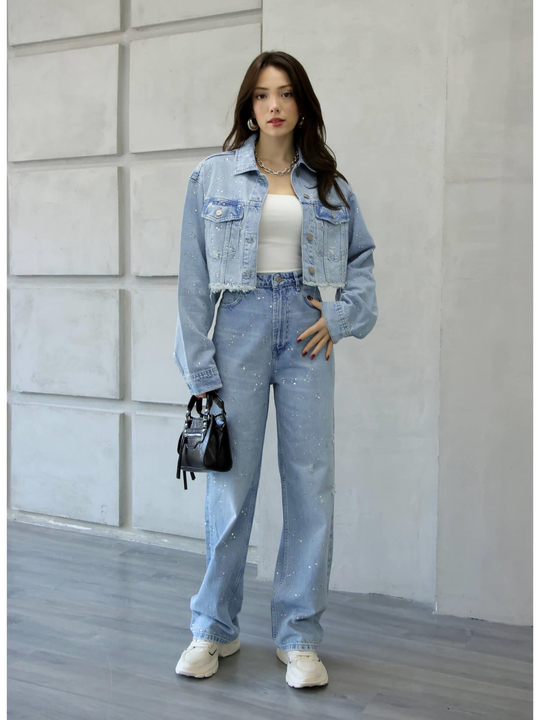 Taşlı Ceketli Kot Takım 8168 Açık Mavı