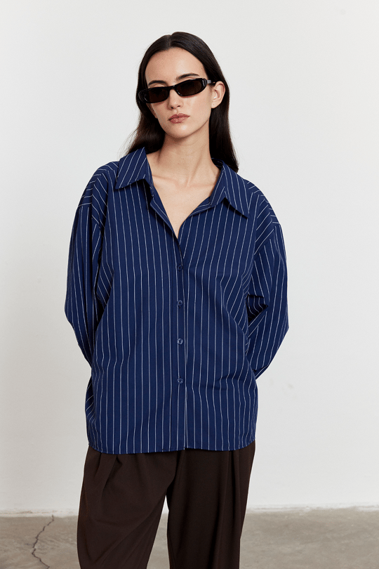Çizgili Oversize Gömlek Lacivert