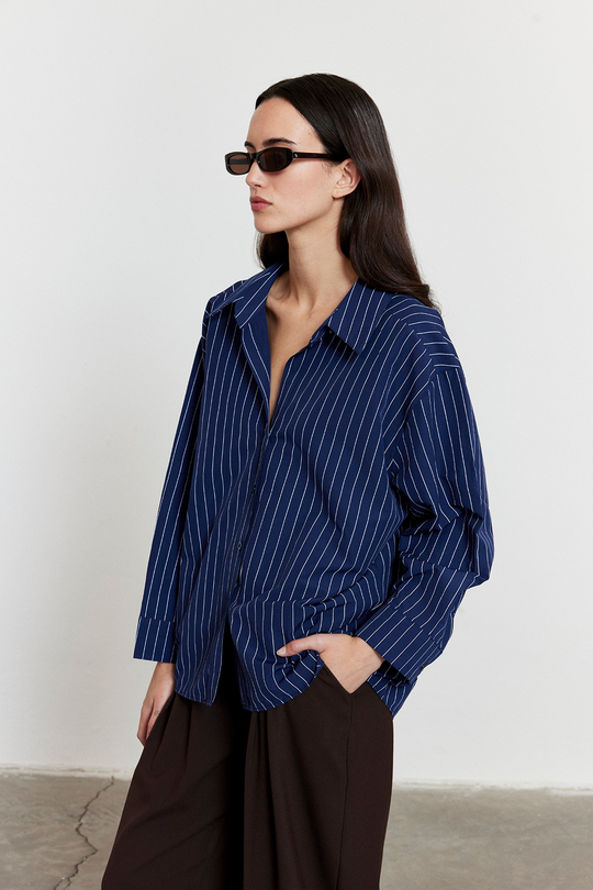 Çizgili Oversize Gömlek Lacivert