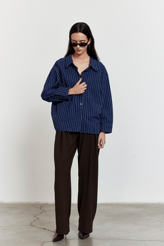 Çizgili Oversize Gömlek Lacivert