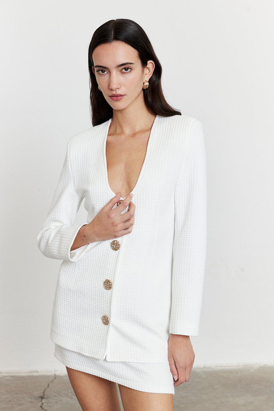 Dokulu Blazer Etek Takım Beyaz