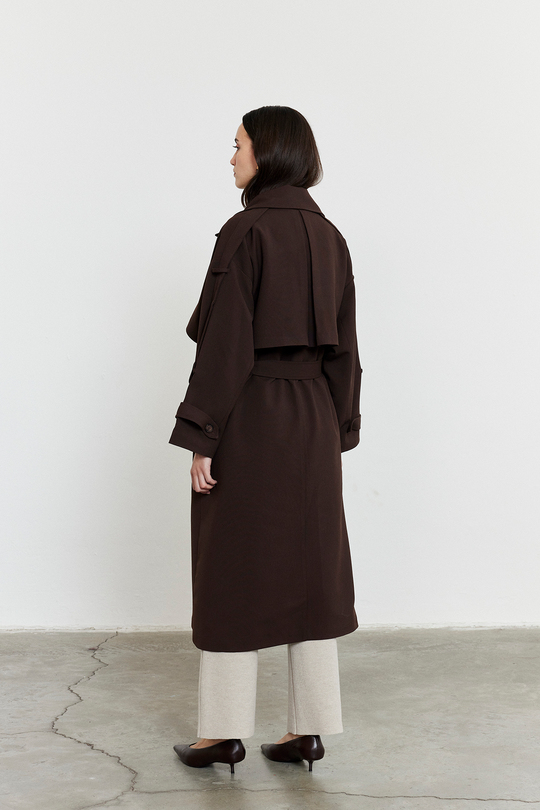 Kol Apoletli Rüzgarlıklı Oversize Trençkot Acı Kahve