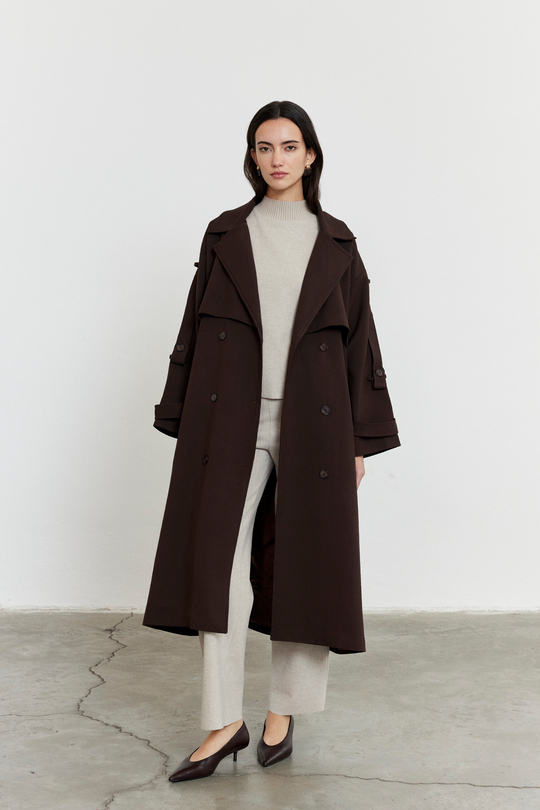 Kol Apoletli Rüzgarlıklı Oversize Trençkot Acı Kahve