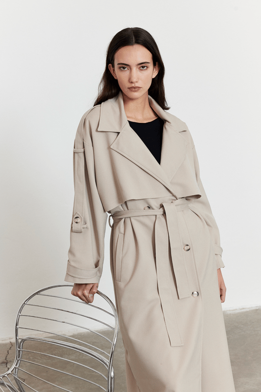 Kol Apoletli Rüzgarlıklı Oversize Trençkot Bej