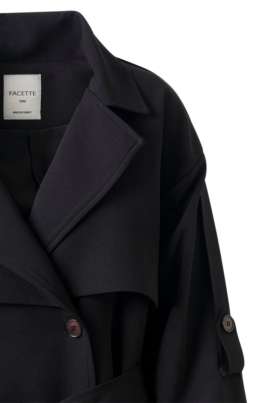 Kol Apoletli Rüzgarlıklı Oversize Trençkot Siyah