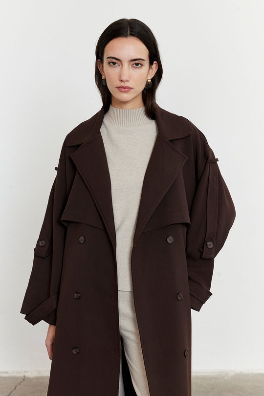 Kol Apoletli Rüzgarlıklı Oversize Trençkot Acı Kahve