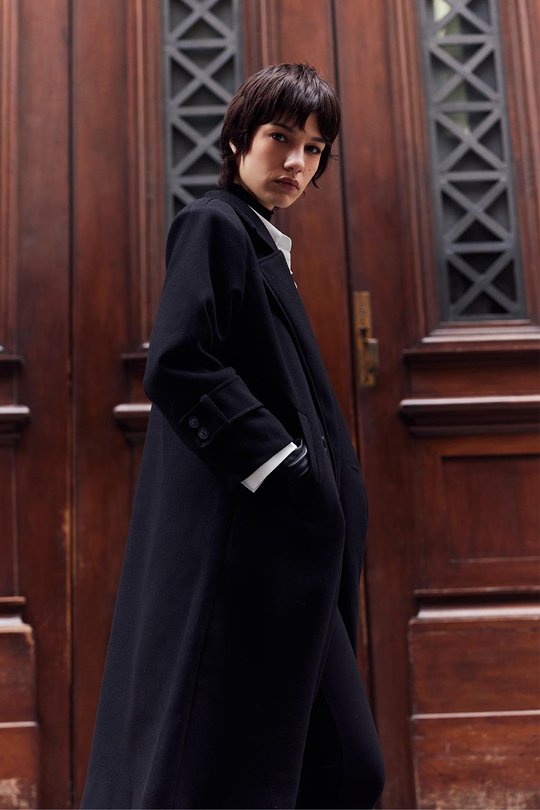 Linea Apoletli Uzun Kaşe Kaban Siyah