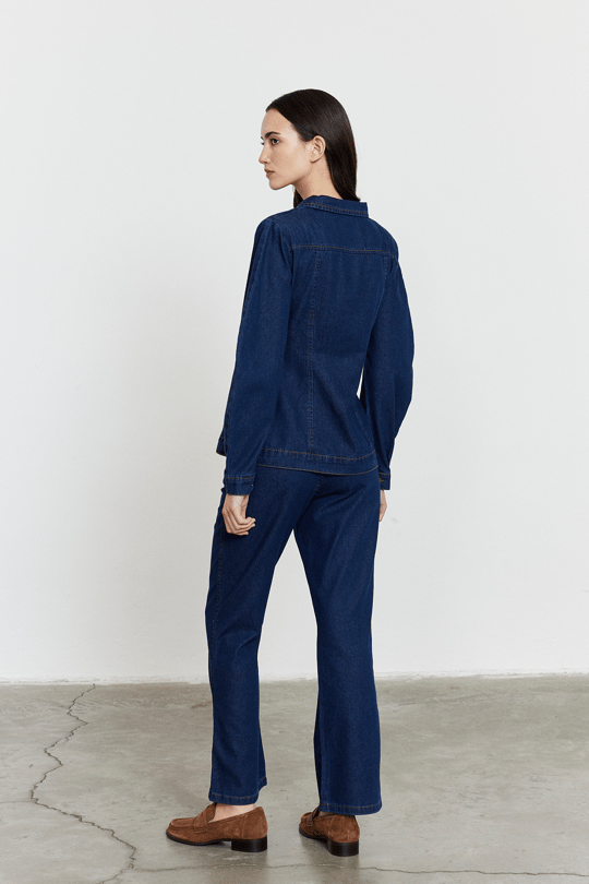 Yüksek Bel Kısa Kesim Çan Paça Jean Mavi