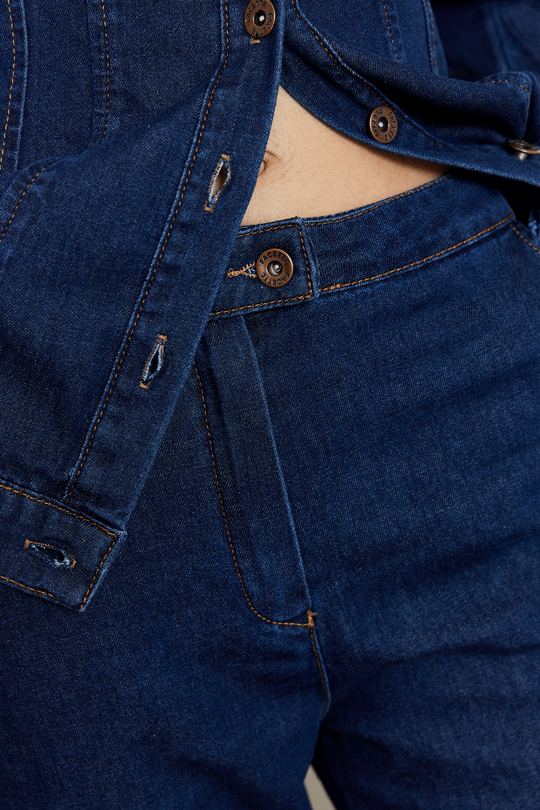 Yüksek Bel Kısa Kesim Çan Paça Jean Mavi